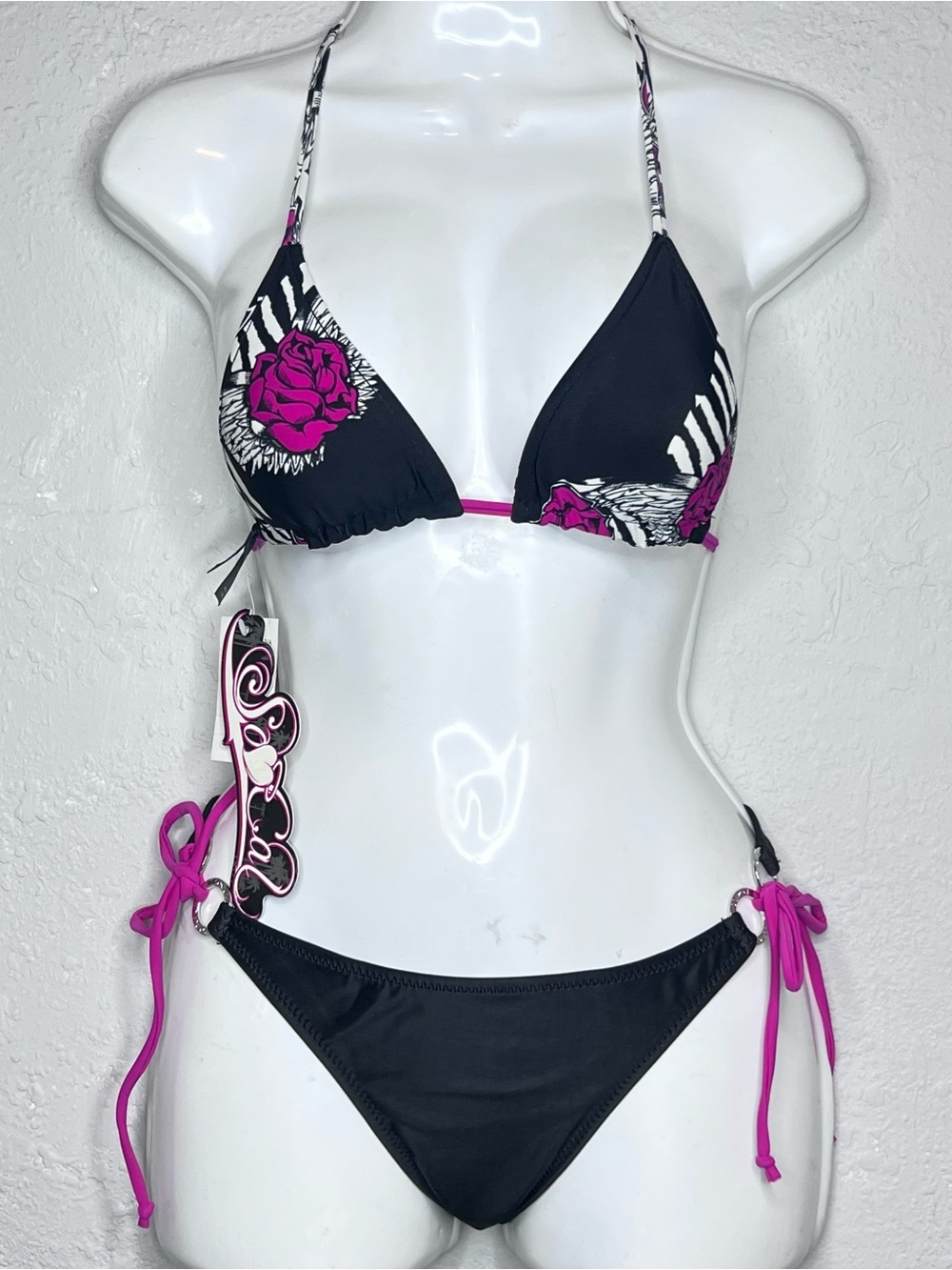 Women’s So Cal Black & Floral Triangle Bikini Tie Swim Set Top Double View